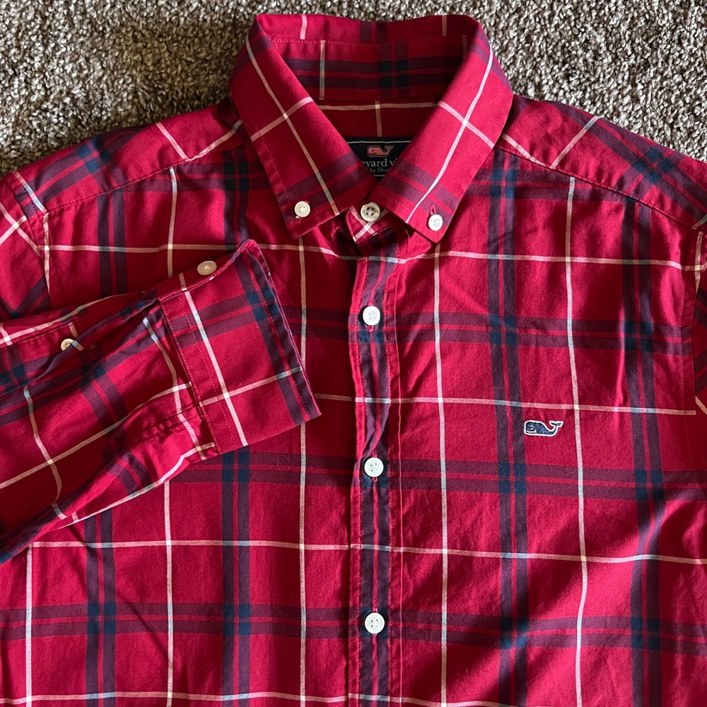 Vineyard Vines Plaid Button Down Whale Shirt Long Sleeve Red White Size S 0300